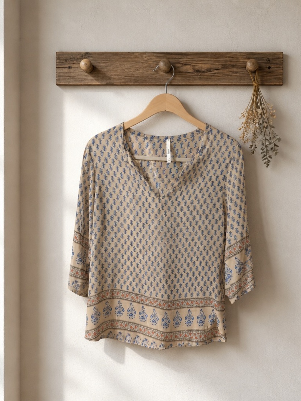 Trinity Beige Blouse with Blue Floral Motif